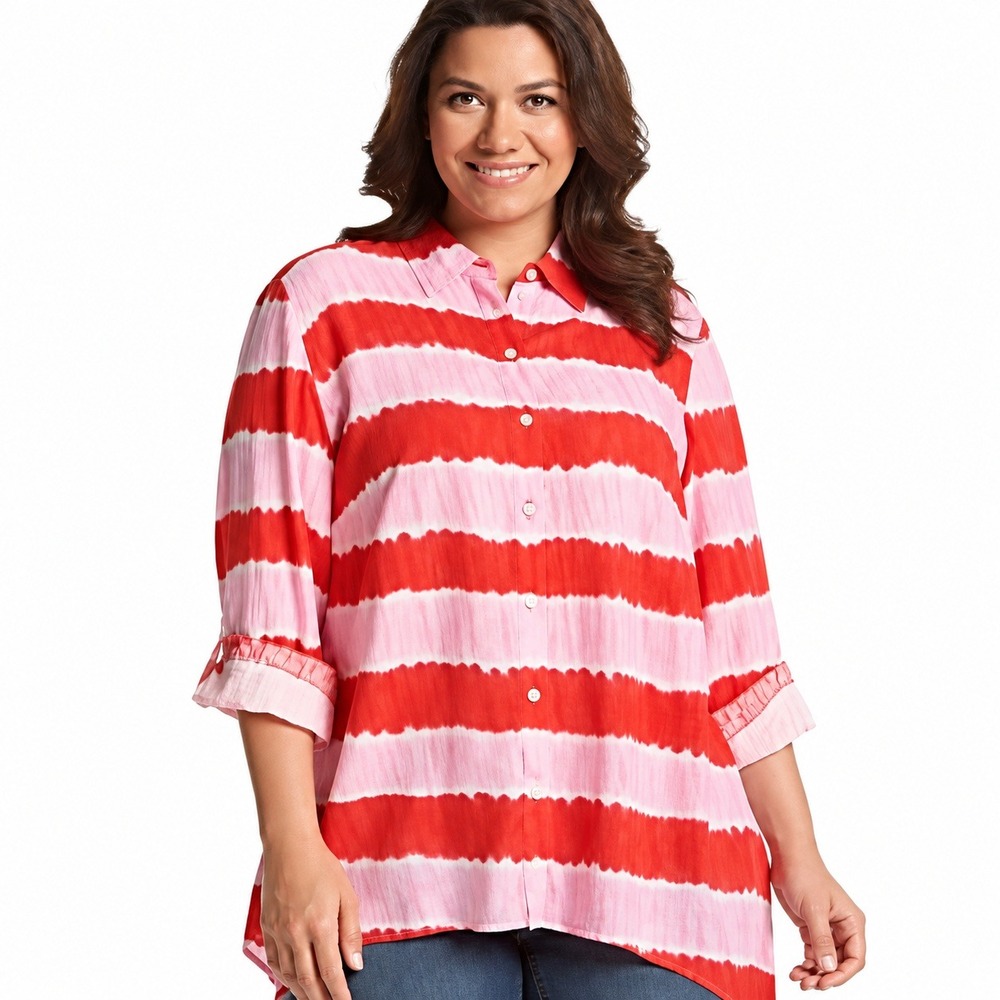 Jones NY Sport XL Red Pink Tie Dye Striped Button Down Viscose Shirt Roll Tab